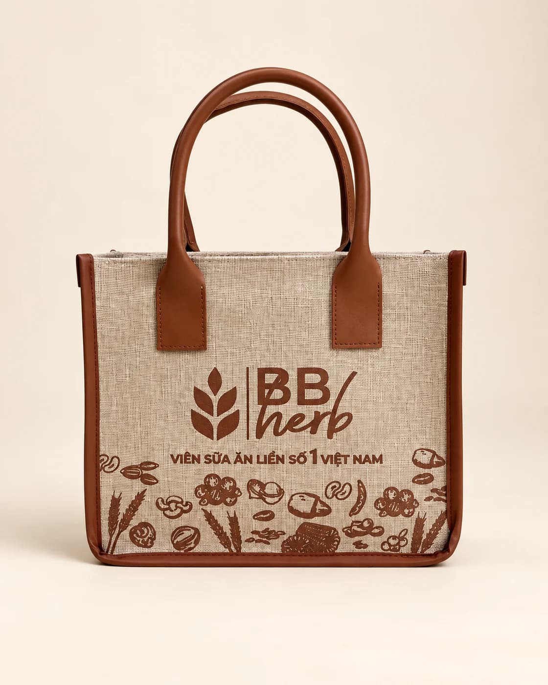 Túi đay viền và quai da nâu in họa tiết thảo mộc BB herb