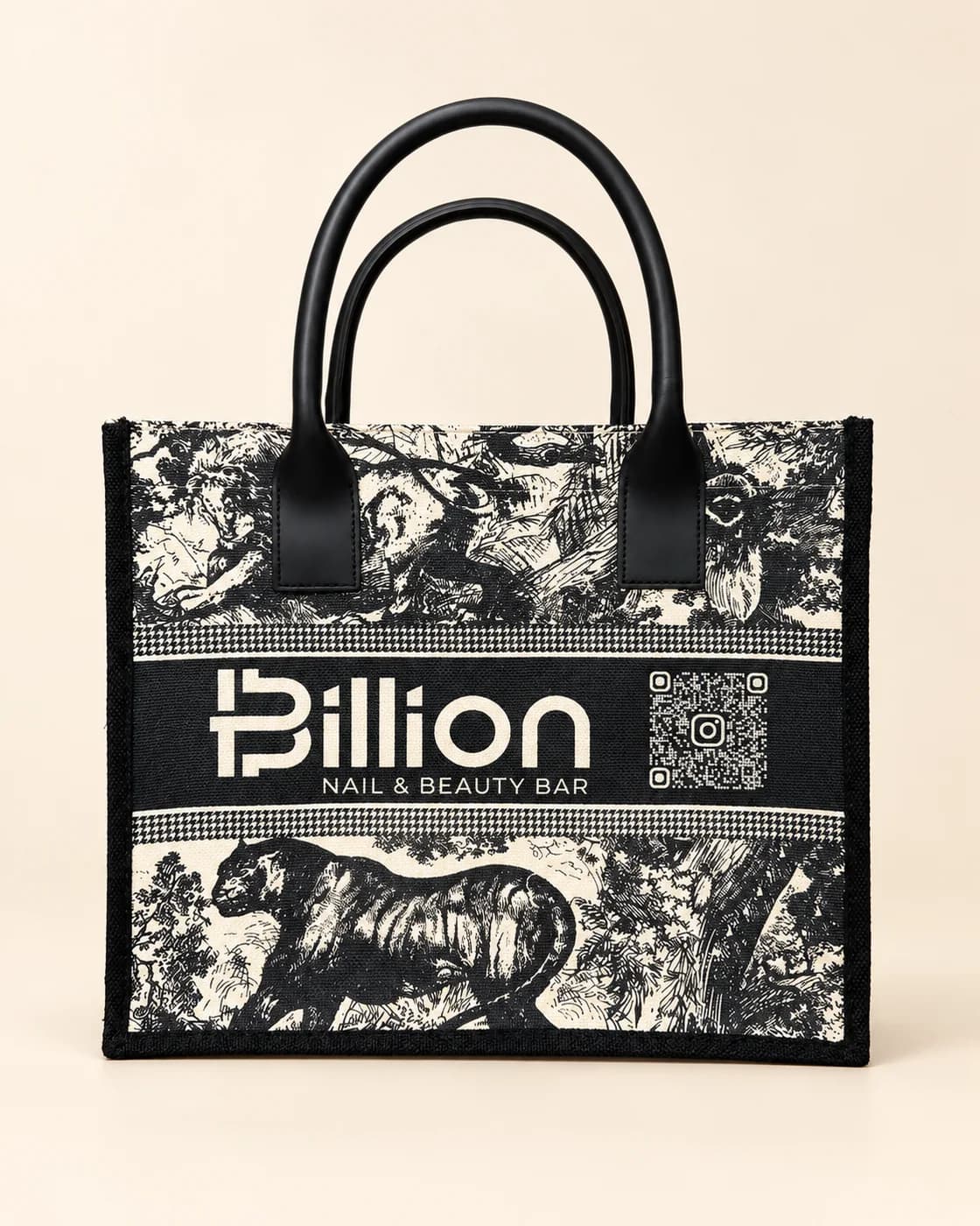 Túi canvas in tràn họa tiết đen trắng, quai da đen, logo Billion Nail & Beauty Bar