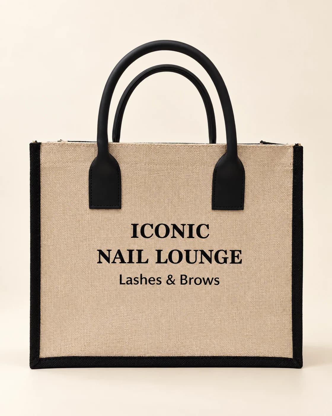 Túi đay xước viền đen quai da đen in chữ Iconic Nail Lounge