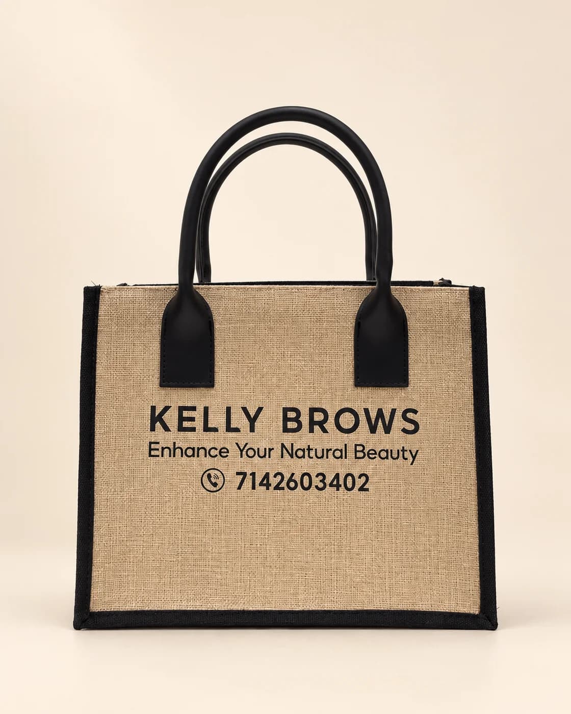 Túi đay dáng hộp viền đen, quai da đen, in logo Kelly Brows
