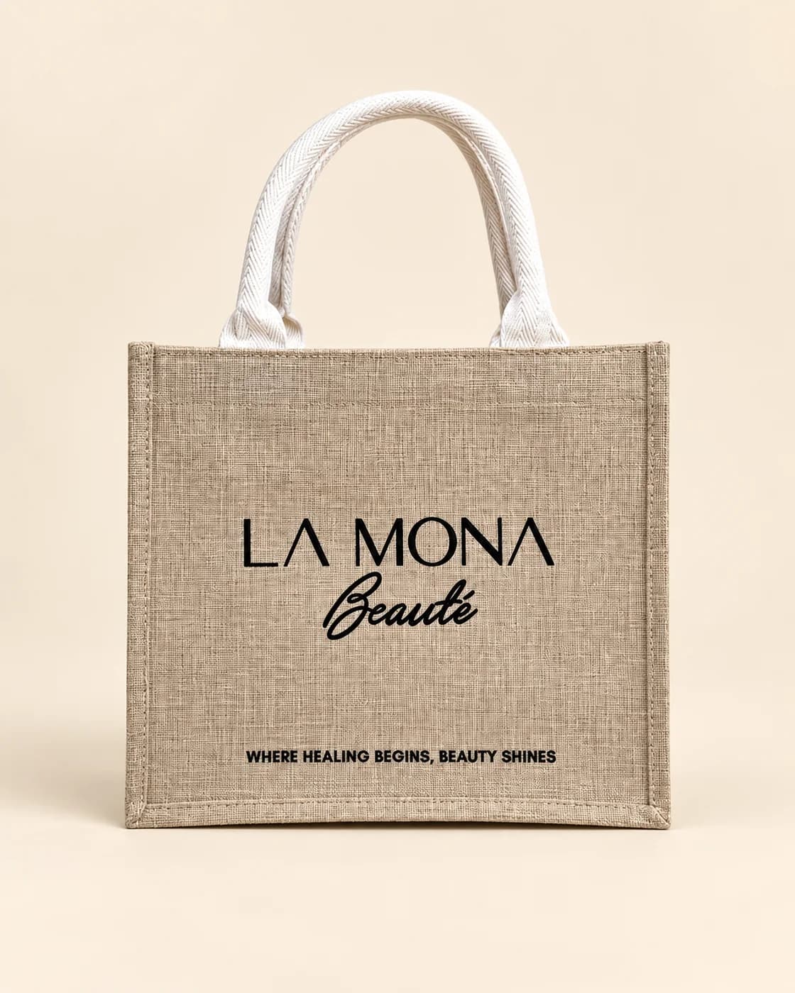 Túi đay linen màu tự nhiên quai vải trắng in logo La Mona Beauté
