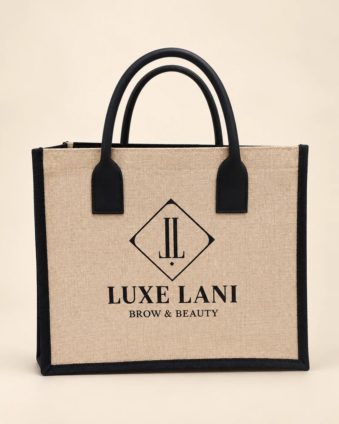 Túi đay viền đen quai da in logo Luxe Lani Brow & Beauty