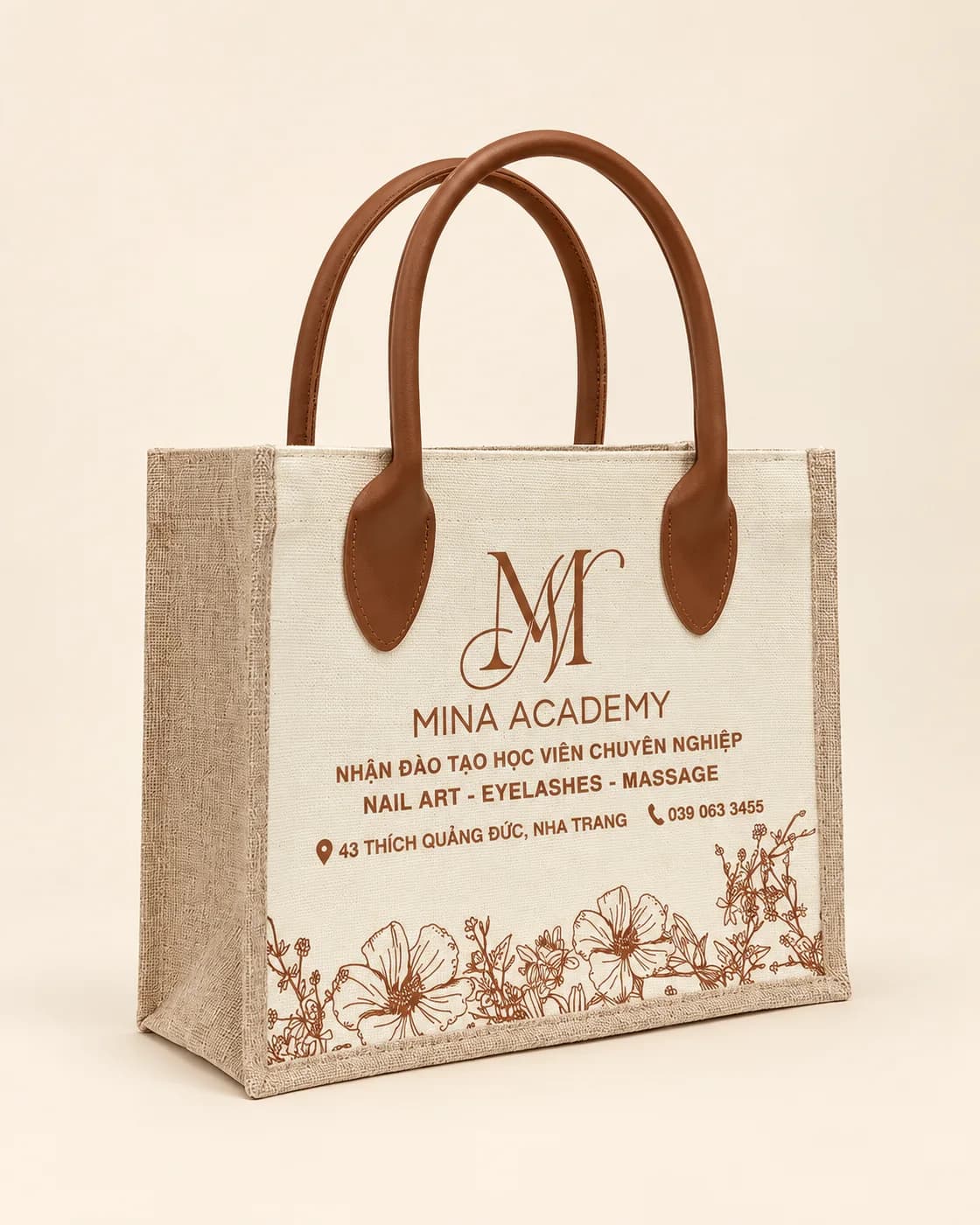 Túi đay mặt canvas kem quai da nâu in logo Mina Academy