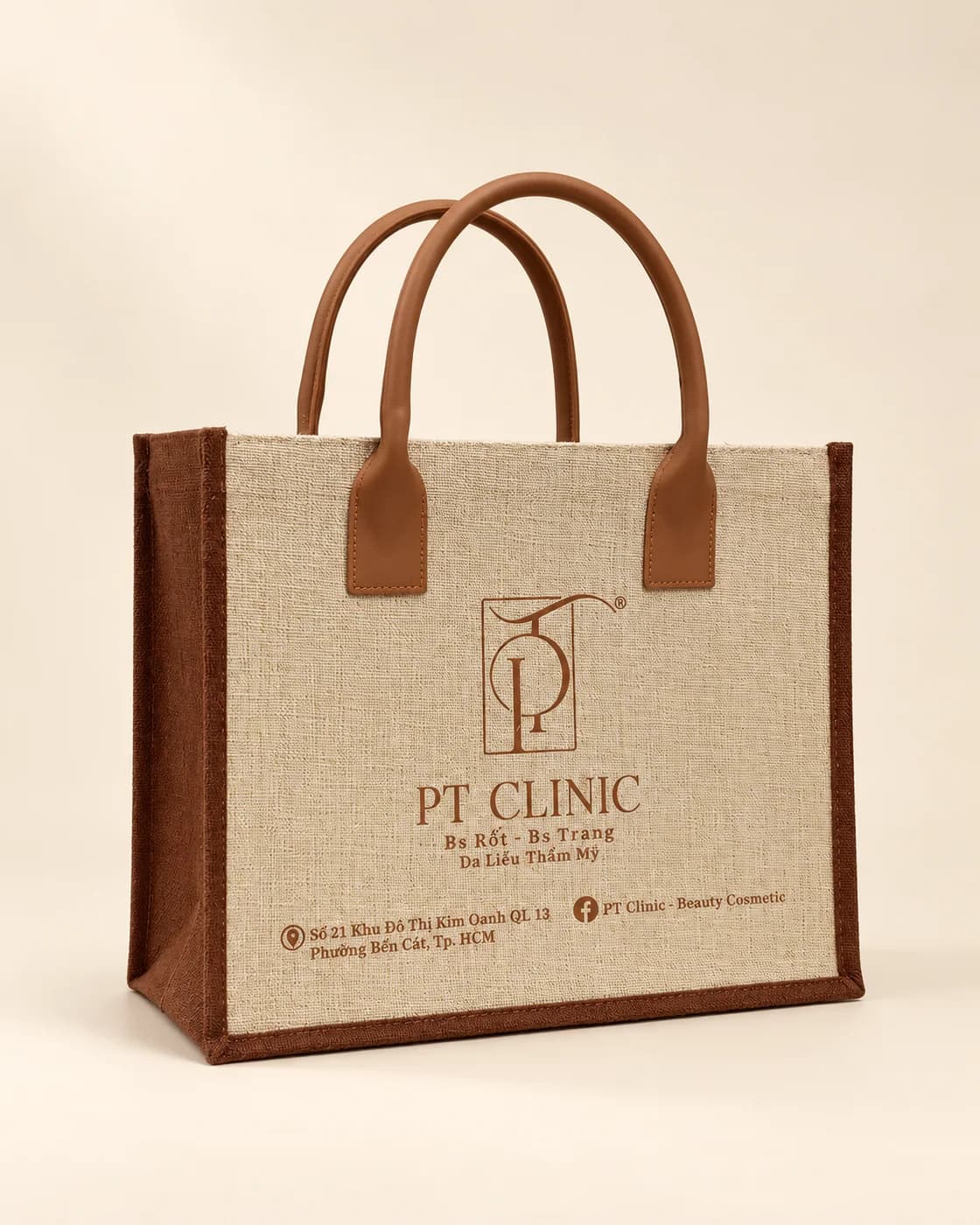 Túi đay dáng hộp viền nâu quai da in logo PT Clinic