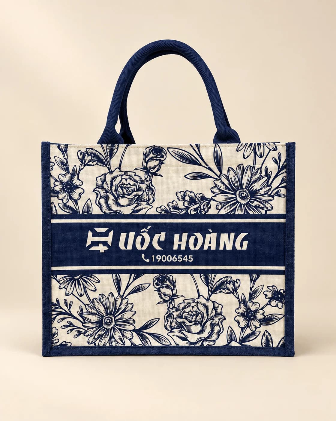 Túi canvas in họa tiết hoa xanh navy trên nền kem, quai vải navy, dải logo Uốc Hoàng