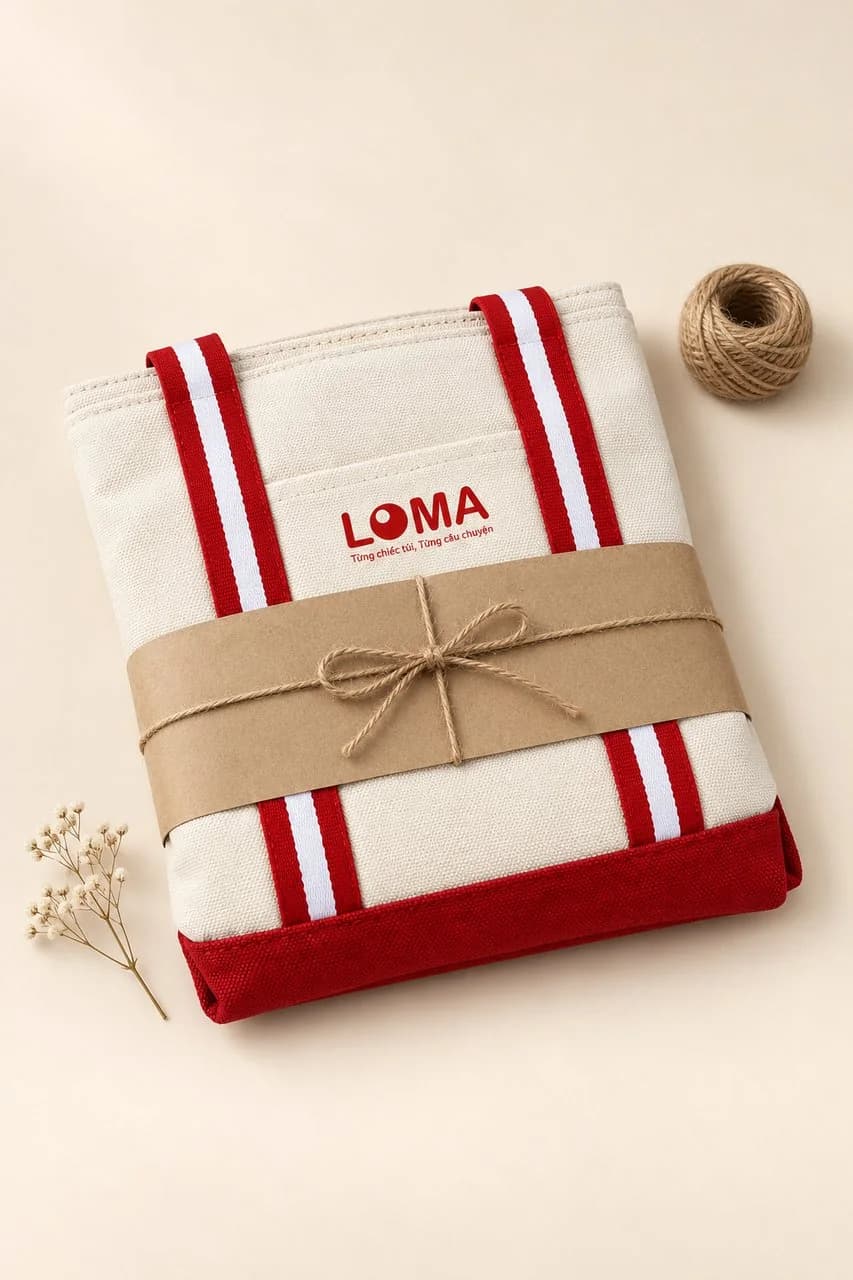 Túi canvas quai sọc gấp gọn, gói giấy kraft buộc dây gai và cành hoa khô, sẵn sàng để tặng