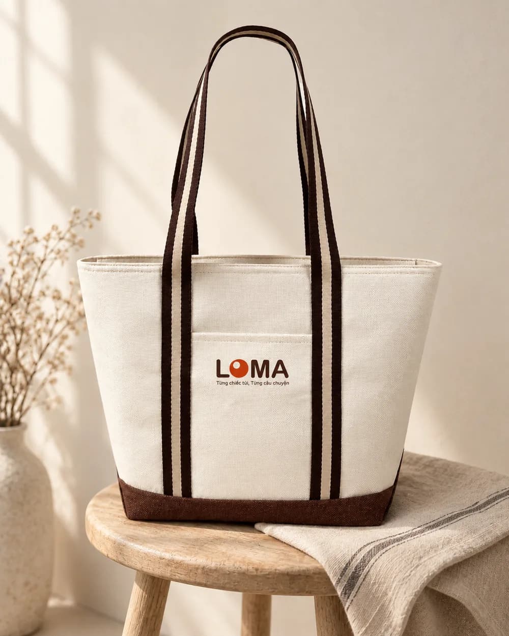 Túi tote canvas quai sọc nâu đặt trên ghế đẩu gỗ cạnh khăn linen, logo LOMA ở mặt trước