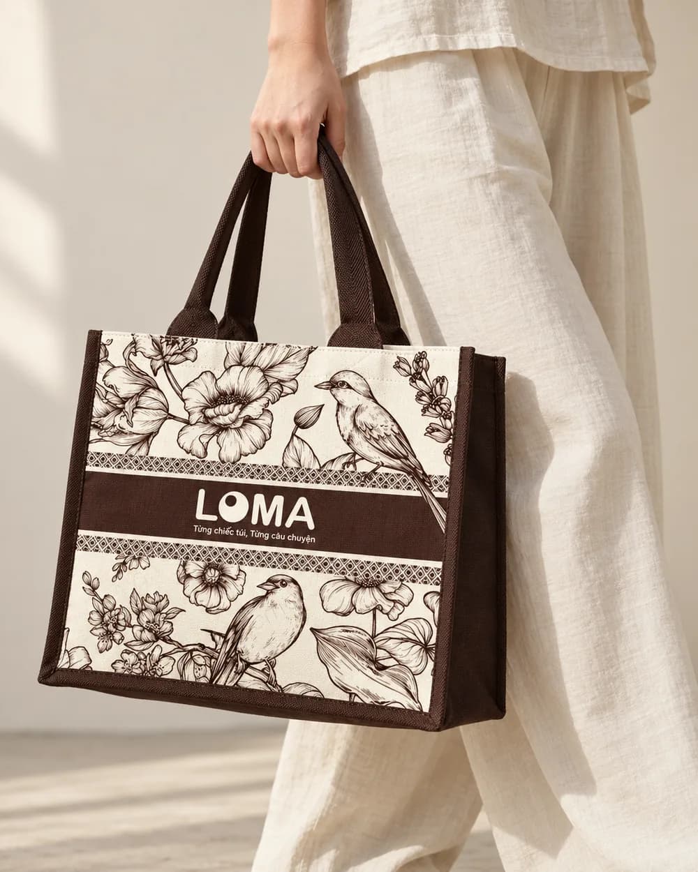 Tay xách túi canvas in họa tiết chim và hoa màu nâu, dải logo nâu ở giữa, quần linen màu kem