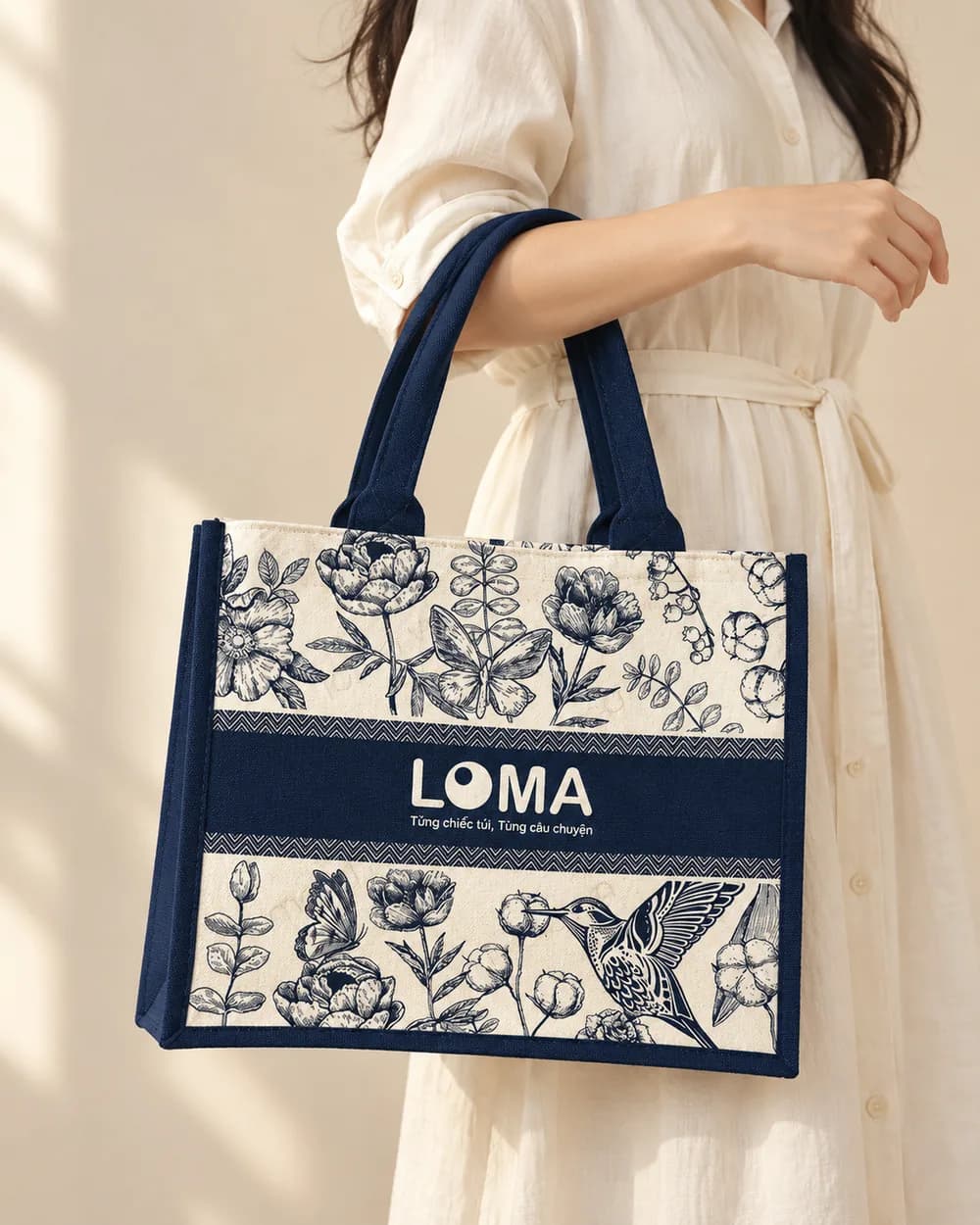 Túi canvas in họa tiết hoa cỏ xanh navy khoác ở khuỷu tay, váy sơ mi trắng ngà